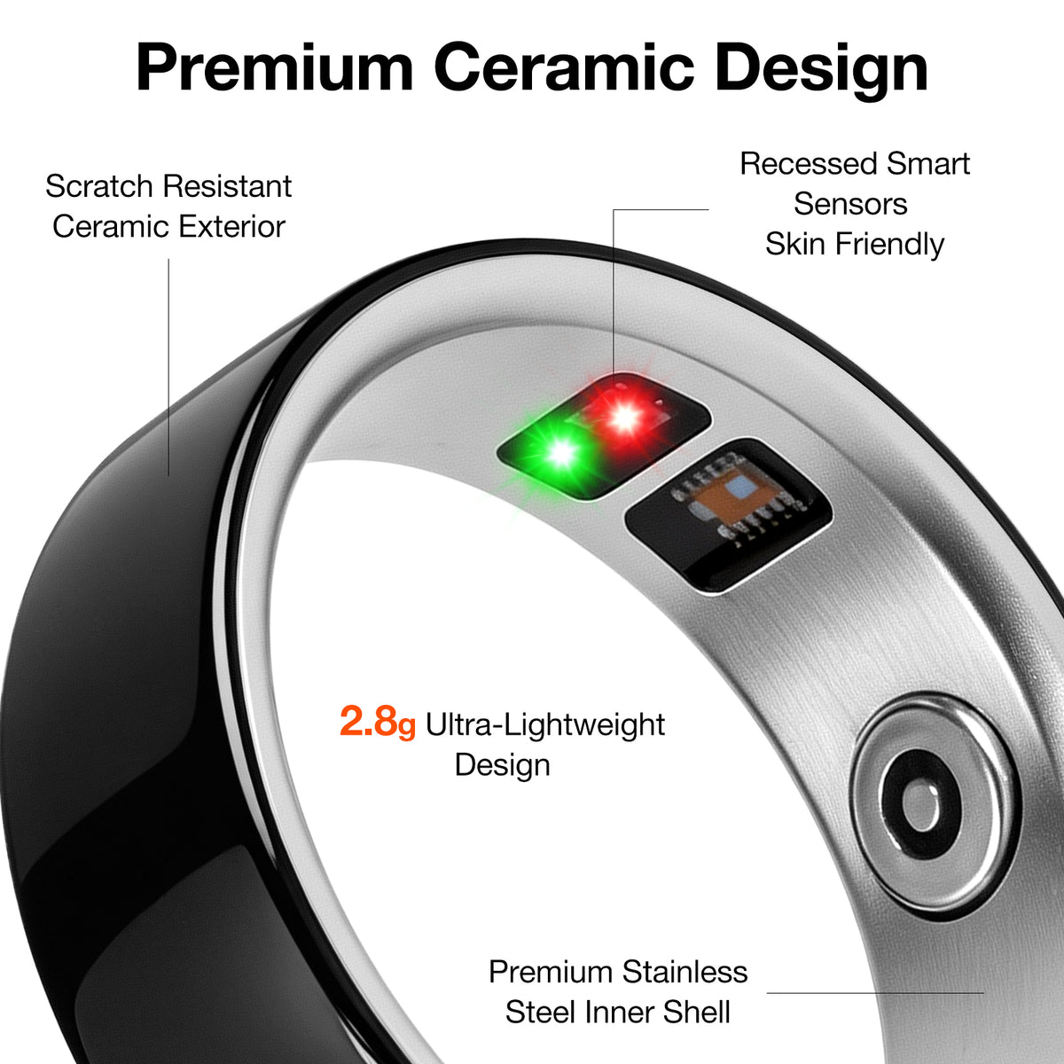 New Ceramic Smart Ring for Women Men Fitness Tracker Health Ring No App Fee, 8ATM Waterproof, Sleep/Stress/Blood Oxygen/Activity /Heart Rate Monitor, Lightweight Wearable Long Battery Life
