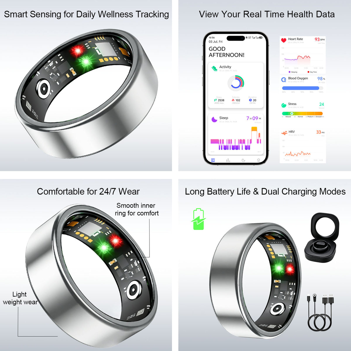 Smart Ring for Women Men, Health Tracking Ring No APP Fee 24/7 Fitness Tracker Heart Rate/SpO2/Stress/Sleep Monitor, IP68 Waterproof, Long Battery Fast Charge, iOS/Android Compatible