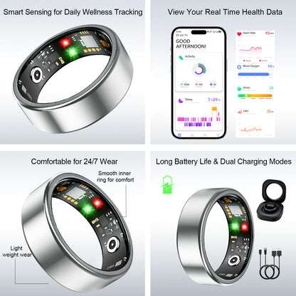 Smart Ring for Women Men, Health Tracking Ring No APP Fee 24/7 Fitness Tracker Heart Rate/SpO2/Stress/Sleep Monitor, IP68 Waterproof, Long Battery Fast Charge, iOS/Android Compatible